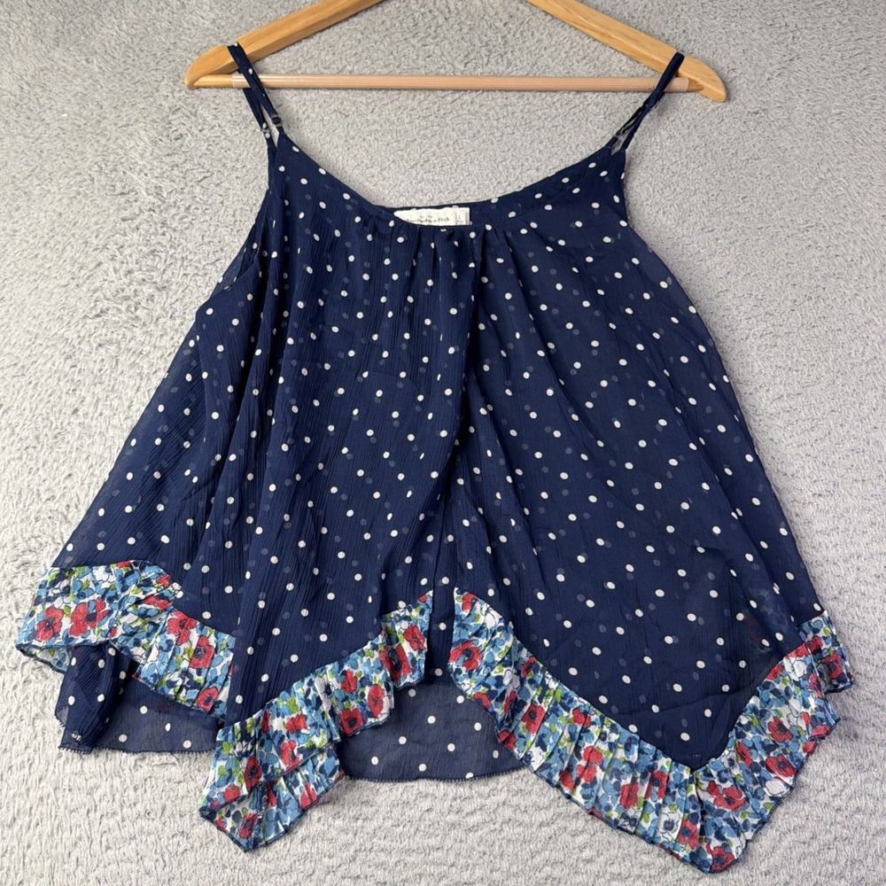 Abercrombie & Fitch Top Womens Large Sheer Blue White Polka Dot Pleated Floral